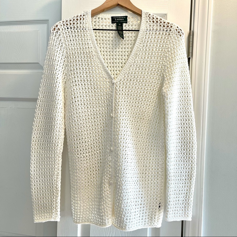 Lauren by Ralph Lauren White Hand Knit Mercerized Cotton Cardigan Size M